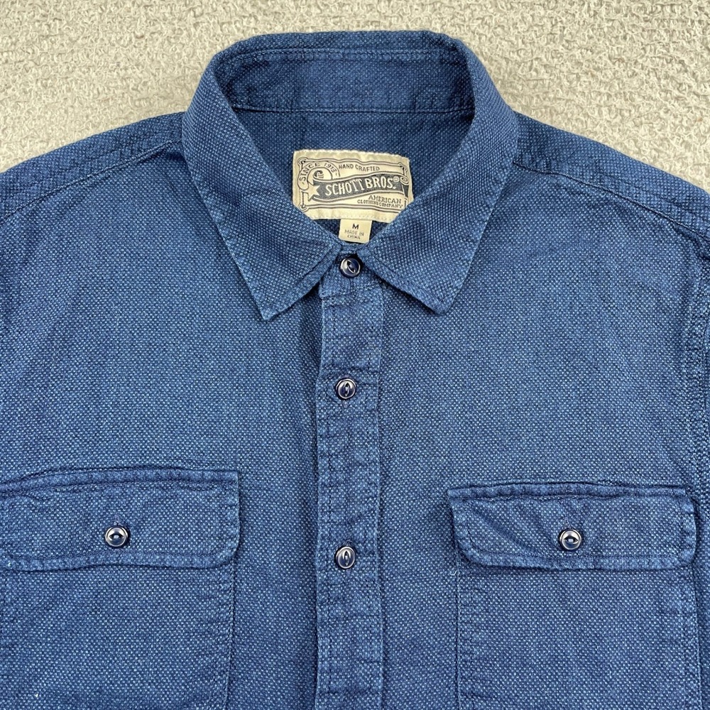 Schott NYC Shirt Mens Medium Blue SH2308 Button Down Cotton Workwear Textured